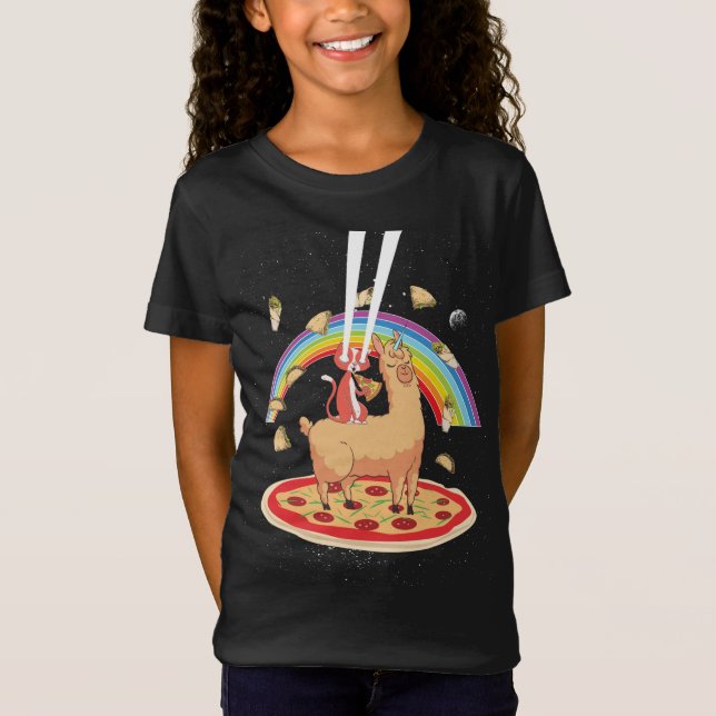 Cat Riding Llama Unicorn Laser Eyes Pizza Outer Sp T-Shirt (Front)