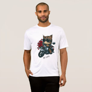 Cat riding motorcycle red roses flowers my love T-Shirt