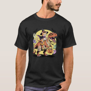 Cat Riding Mummy Dinosaur T-Rex Halloween Boys Kid T-Shirt