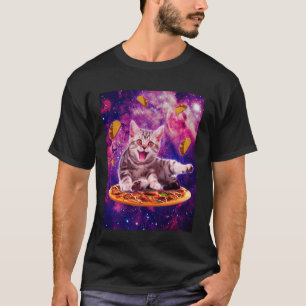 Cat Riding Pizza in Space Galaxy Taco Kitten Cats  T-Shirt