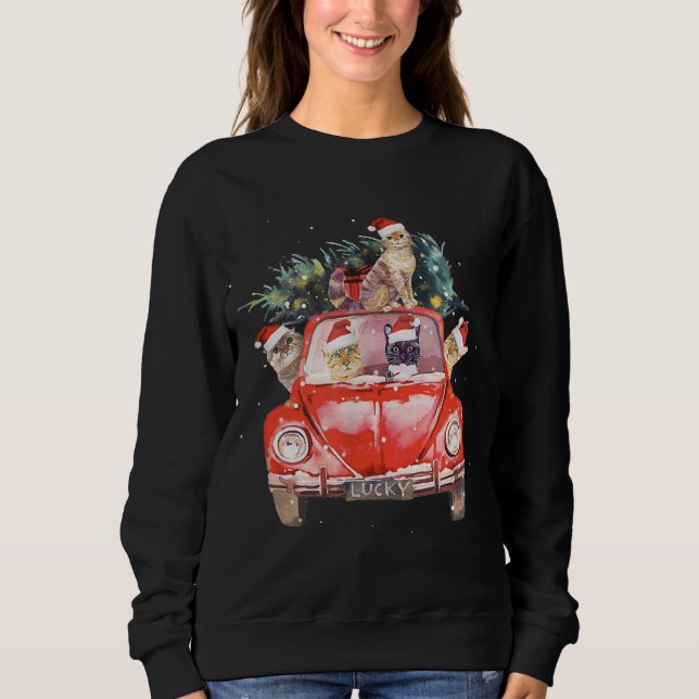 Cat Riding Red Truck Christmas Tree Cat Santa Hat  Sweatshirt (Front)