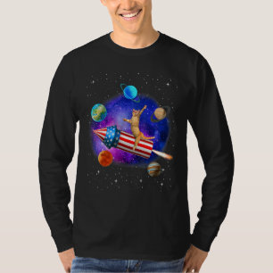Cat Riding Rocket Firework Meowica In Galaxy 4th o T-Shirt