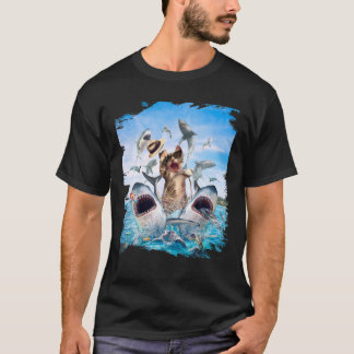 Cat Riding Shark Beach Ocean Cats Sharks Sunglasse T-Shirt