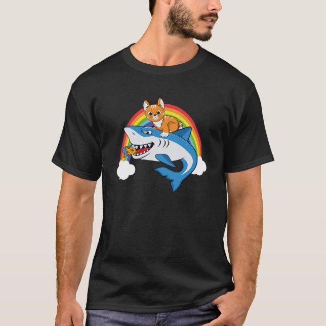 Cat Riding Shark Eating Pizza With Rainbow For Piz T-Shirt (Front)