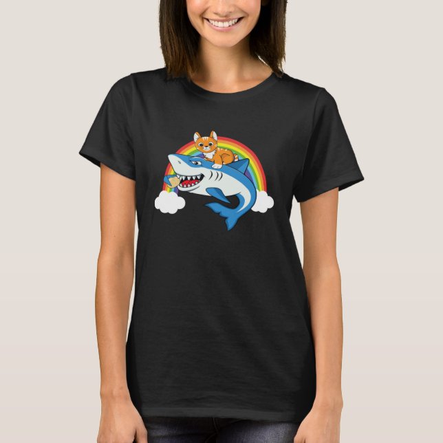 Cat Riding Shark Eating Potato With Rainbow For Ca T-Shirt (Front)