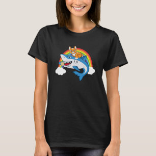 Cat Riding Shark Eating Potato With Rainbow For Ca T-Shirt