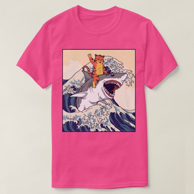 Cat Riding Shark Japanese Wave T-Shirt (Design Front)