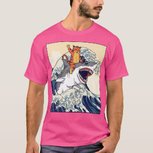 Cat Riding Shark Japanese Wave T-Shirt