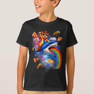 Cat riding shark rainbow pizza taco galaxy retro  T-Shirt