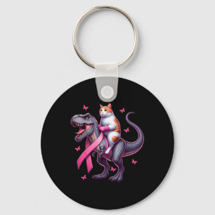 Cat Riding T Rex Dinosaur. Breast Cancer Awareness Key Ring