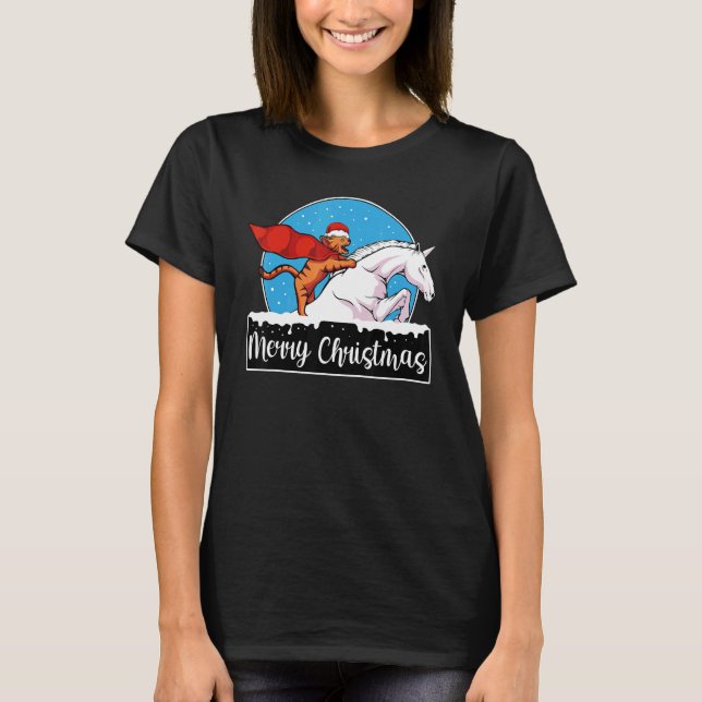 Cat Riding Unicorn Christmas Pajama Cute Kitten Sa T-Shirt (Front)