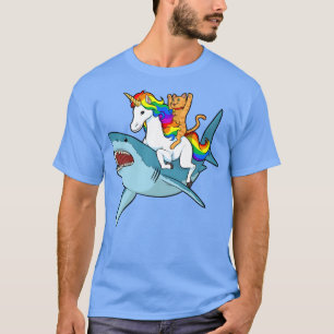 Cat Riding Unicorn Riding Shark Design T-Shirt