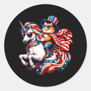 Cat Riding Unicorn Usa Flag Patriotic 4th Of July Classic Round Sticker
