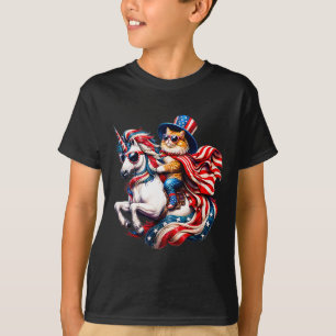 Cat Riding Unicorn Usa Flag Patriotic 4th Of July T-Shirt