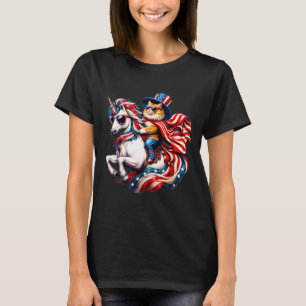 Cat Riding Unicorn Usa Flag Patriotic 4th Of July T-Shirt