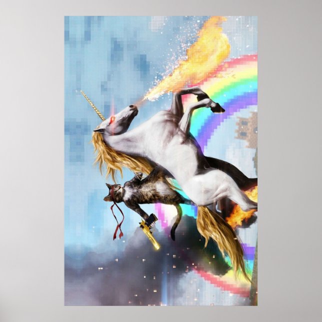 Cat Riding Unicorn with Gun Poster (Front)