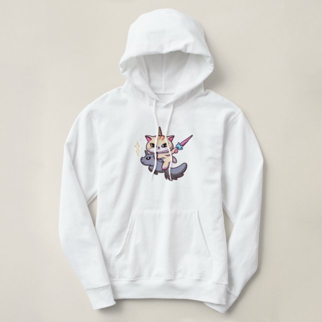 Cat Riding Unicorn With Holding Magic Wand Hoodie (Design Front)