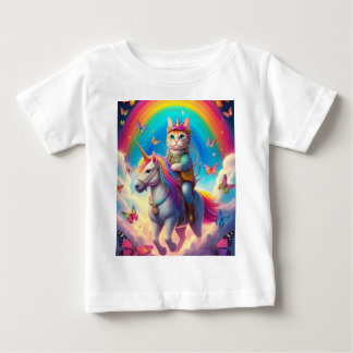 Cat Riding Unicorn with Rainbows and Butterflies Baby T-Shirt