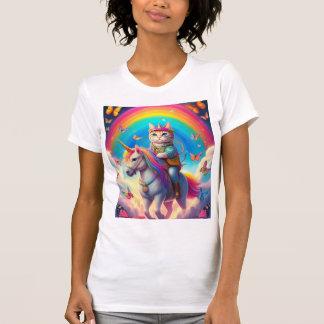 Cat Riding Unicorn with Rainbows and Butterflies T-Shirt
