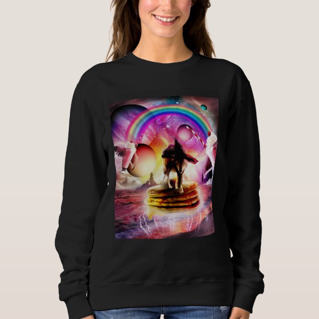 Cat Riding Wolf With Pancakes And Milkshake Sweatshirt (Front)