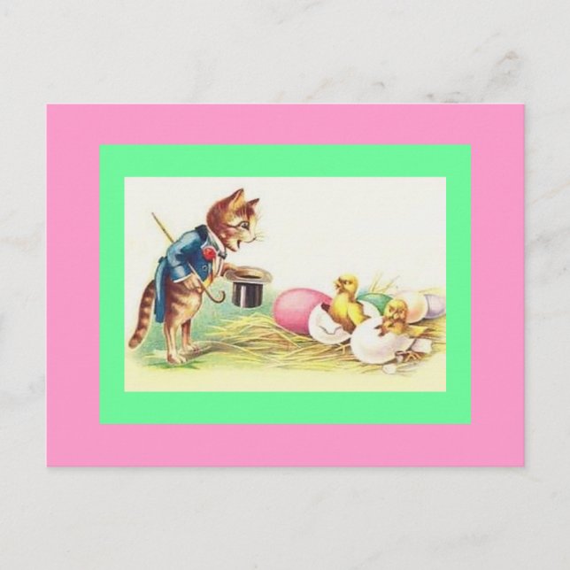 Cat Ringmaster & Easter Chicks Holiday Postcard (Front)