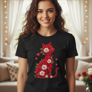 Cat rose t-shirt, Black t-shirt with cat