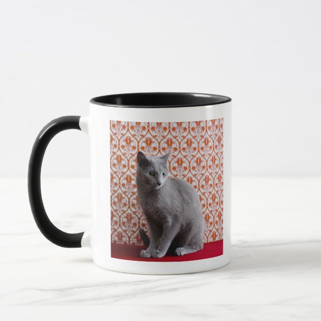 Cat (Russian blue) and wallpaper background Mug (Left)