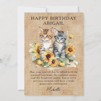 Cat Rustic Sunflowers and Kittens Birthday Card