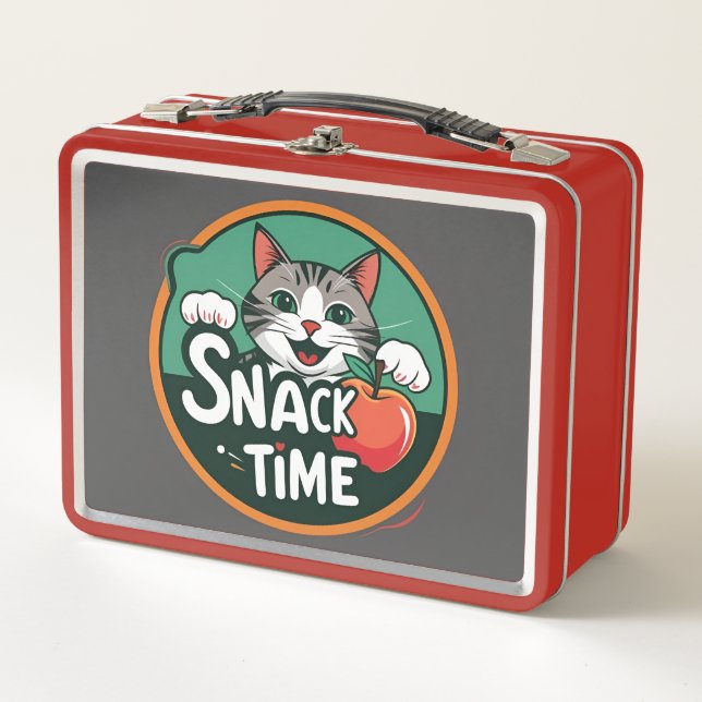 Cat’s Snack Time – Cute Cartoon Cat Eating Snack D Metal Lunch Box (Front)