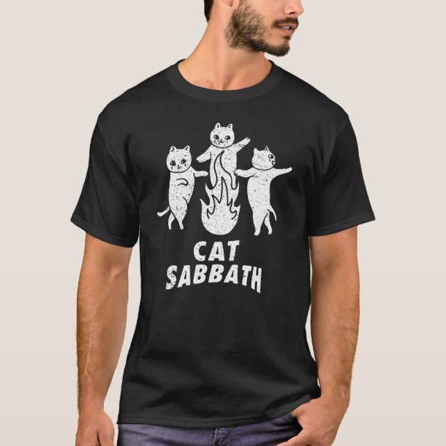 Cat Sabbath Cute Funny Cat Pun Witch Heavy Metal T-Shirt (Front)