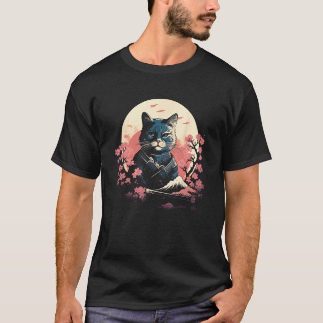Cat Samurai Japanese Style T-Shirt (Front)