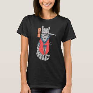 Cat Samurai Katana Sword And Japanese Kanji T-Shirt
