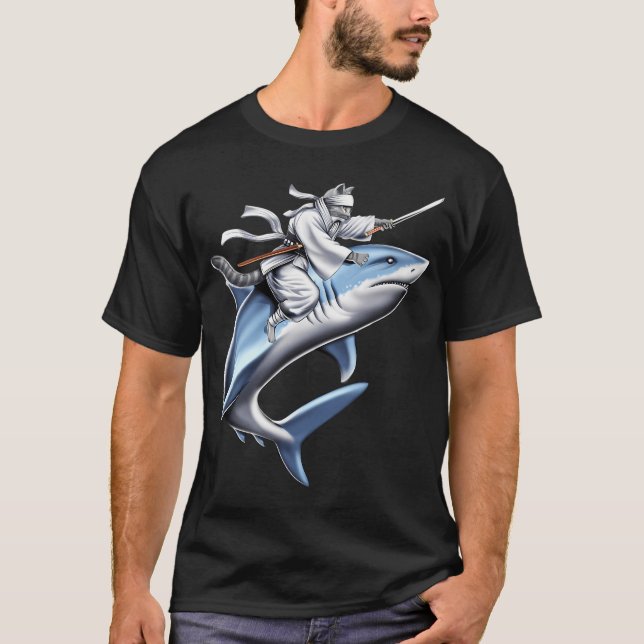 Cat Samurai Ninja Riding Shark T-Shirt (Front)