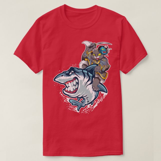 Cat Samurai Riding On Shark Workmanship Japanese  T-Shirt (Design Front)