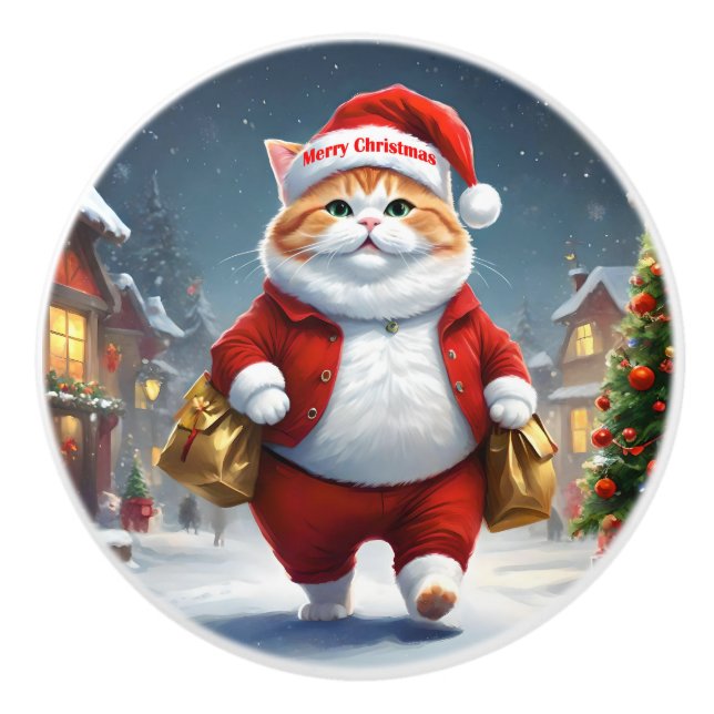 Cat Santa Claus, Ceramic Knob (Front)