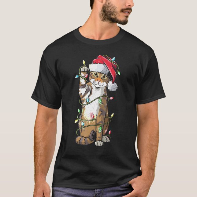 Cat Santa Claus Hat Christmas Lights Funny Cat Xma T-Shirt (Front)