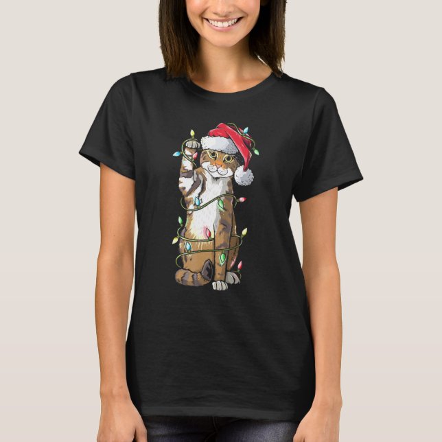 Cat Santa Claus Hat Christmas Lights Funny Cat Xma T-Shirt (Front)