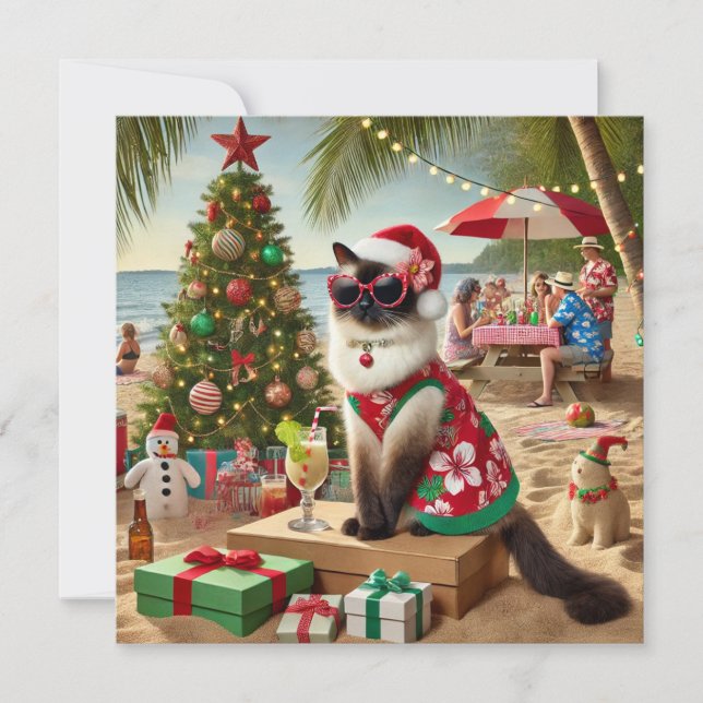 Cat Santa Dress for Christmas in July by beach Holiday Card (Front)
