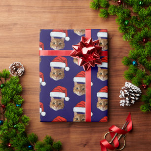 Cat Santa Hat Custom Face Photo Christmas Wrapping Paper