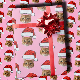 Cat Santa Hat   Custom Face Photo Pink Christmas Wrapping Paper