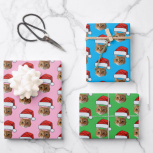 Cat Santa Hat Custom Face Photo Pink Christmas Wrapping Paper Sheet