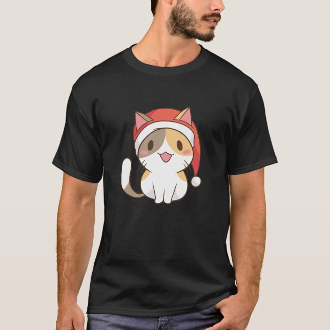 Cat Santa Hat Funny Christmas T Shirt (Front)