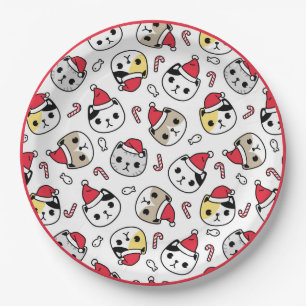 Cat Santa Hats Holiday Red White Kitty Heads Paper Plate