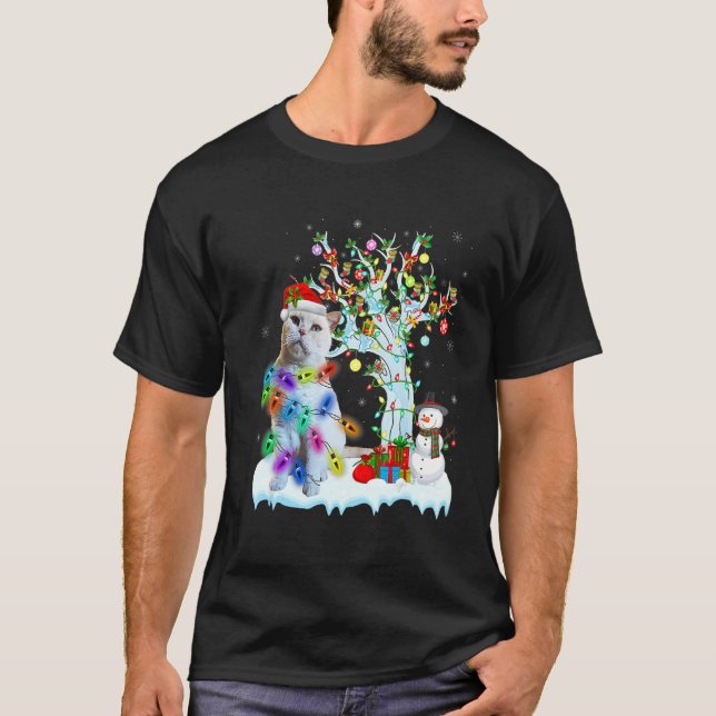 Cat Santa's Hat Christmas Tree Light  Cat T-Shirt (Front)