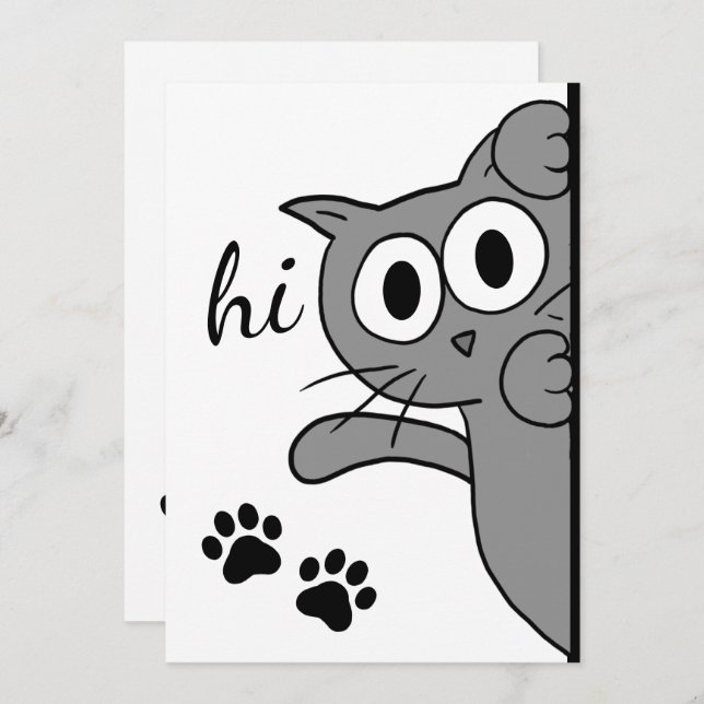 Cat Saying Hi Hello Grey Custom Text Flat Card (Front/Back)