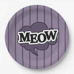 Cat says meow in purple stripes paper plate