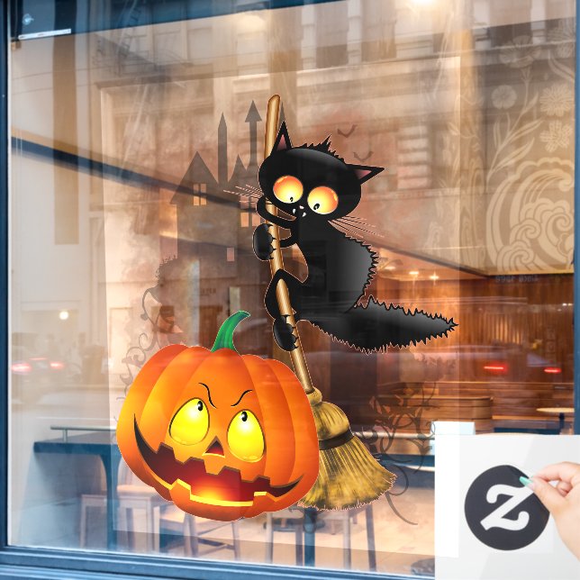 Cat Scared by Pumpkin Fun Halloween Character (Cafe Window)