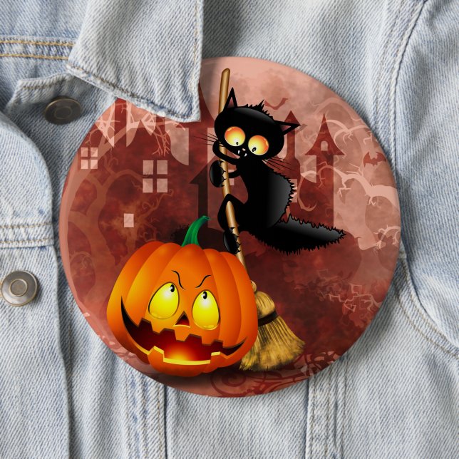 Cat Scared by Pumpkin Fun Halloween Character 6 Cm Round Badge (In Situ)
