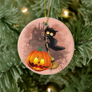 Cat Scared by Pumpkin Fun Halloween Character Ceramic Tree Decoration