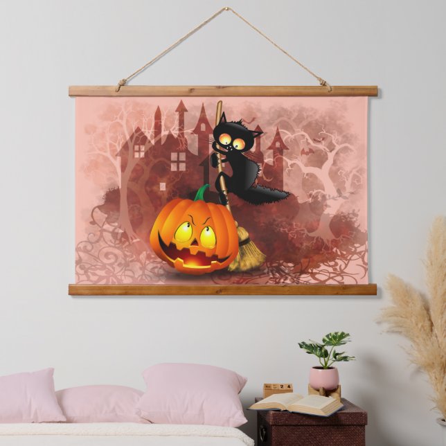 Cat Scared by Pumpkin Fun Halloween Character Hanging Tapestry (Bedroom)